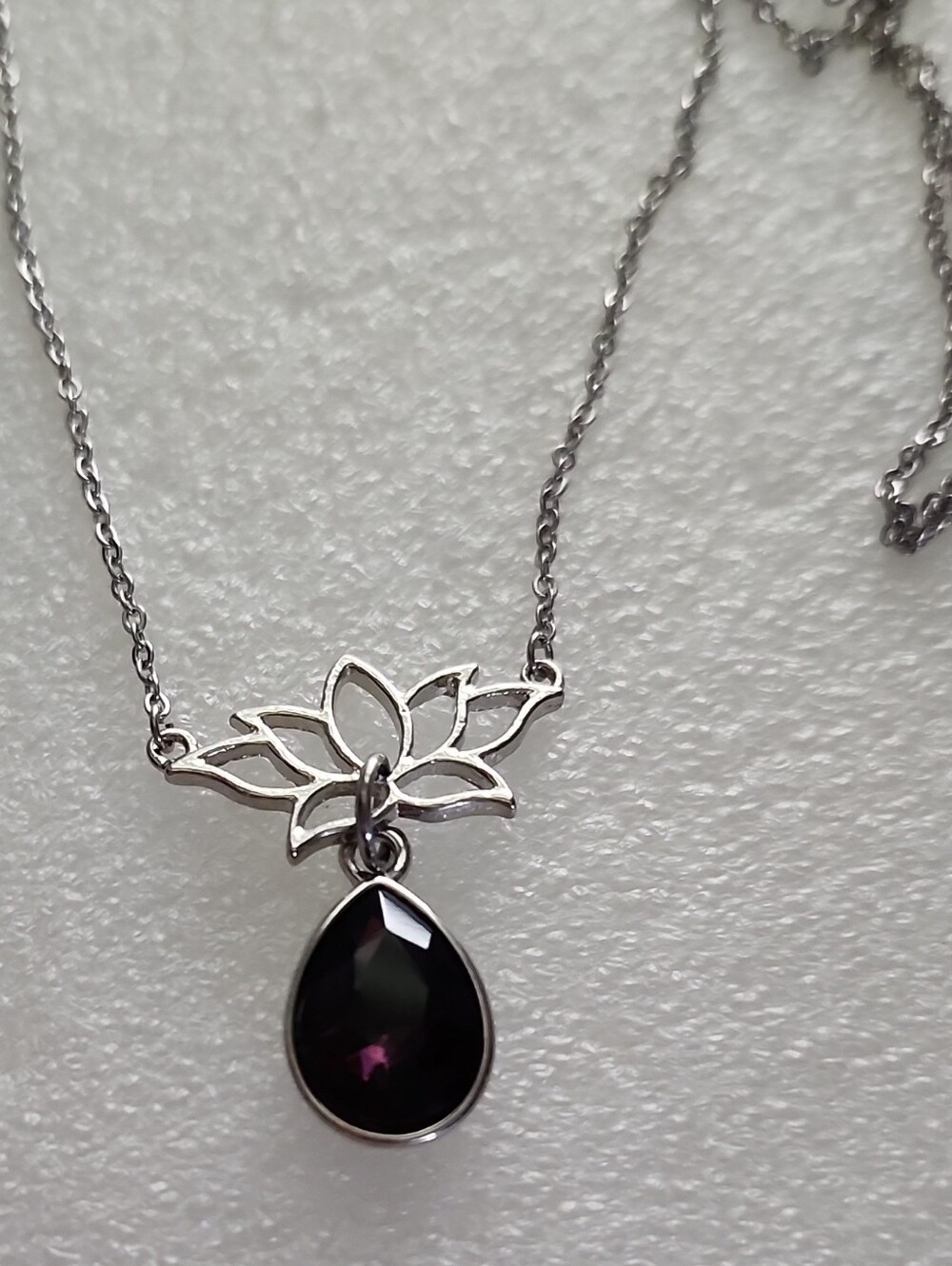 Hand Crafted Silver Lotus Necklace with Deep Purple Teardrop